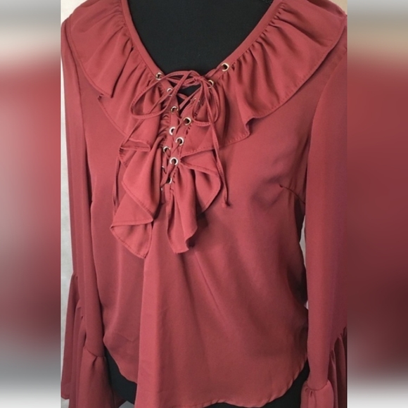 STUNNING CHARLOTTE RUSSE  RUFFLES LACE UP BELL BOTTOM LONG SLEEVE BLOUSE - Picture 1 of 12